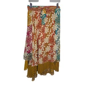 Mata Floral Print Rayon Wrap Asymetric Hem Skirt One Size S-XL